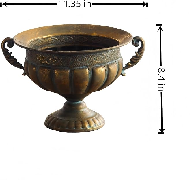 Vintage Urn Planter with Embossed Pattern, Decorative Flower Pot, Classic Round Plant Pot, European Shabby Chic Centerpiece for Mantel, Table, Entryway or Living Room Decor- Gold（13.6 * 11.9 * 8.5 in）