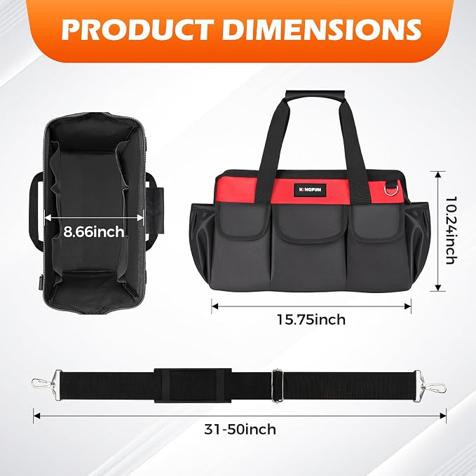Kingfun 16 Inch Heavy Duty Wide Mouth Tool Bag with 14 Pockets | Adjustable Shoulder Strap & Padded Handle, Durable Tool Storage Bag for Electricians, Mechanics & more (Red)
