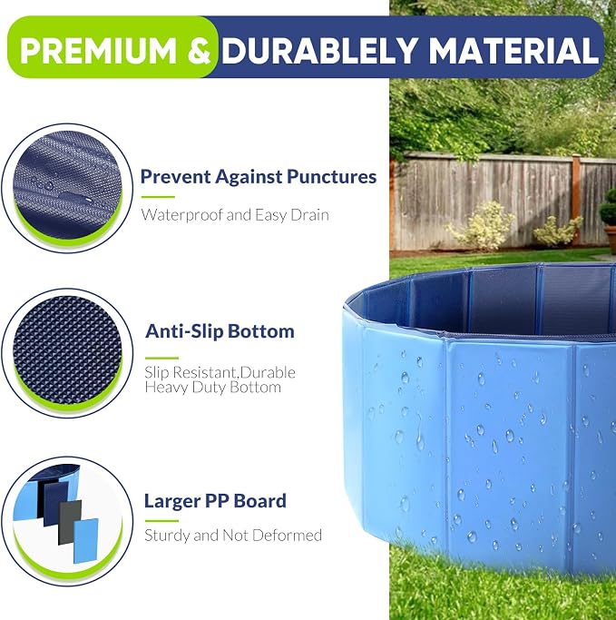 Dog Pool, Foldable Pet Swimming Pool with 6mm High-Strength PP Board, Hard Plastic Collapsible Doggy Pools for Small Dogs Kitty Duck, Non-Slip Doggie Bathtub Quick to Set Up and Drainage Hole, 48.2"