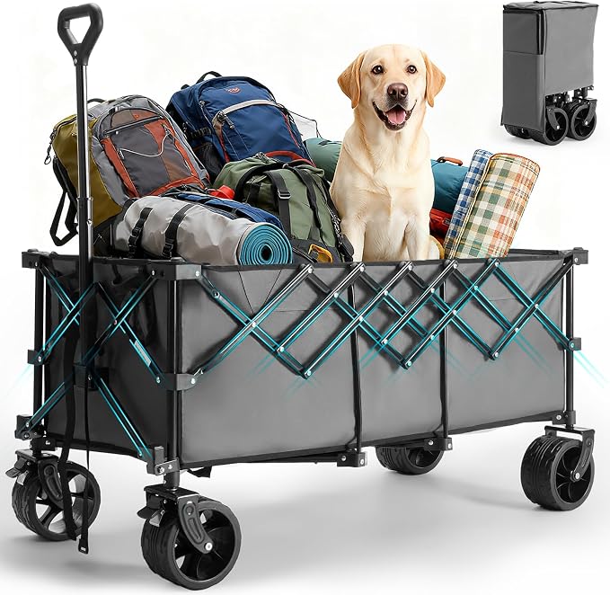 DUMOS 49''L Collapsible Extended Wagon with 440LBS Capacity, Heavy Duty Wagons Garden Cart with All-Terrain Big Wheels & Drink Holders, 250L Foldable Carts for Sports, Shopping, Camping, Grey