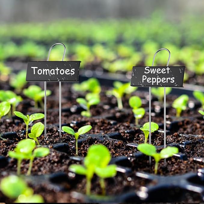50 Pack Metal Plant Labels with 2 Pens - 10.6" Weatherproof Garden Markers, Reusable Nursery Tags for Vegetables Herbs Flowers Seedlings, Black