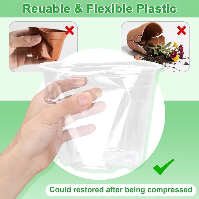 10 Inch Clear Nursery Pots with Drainage Holes, 5 Pack Plastic Pots for Plants, Seedling Starter Pot Variety Pack, Garden Plant Pots for Succulents Flowers Cactus