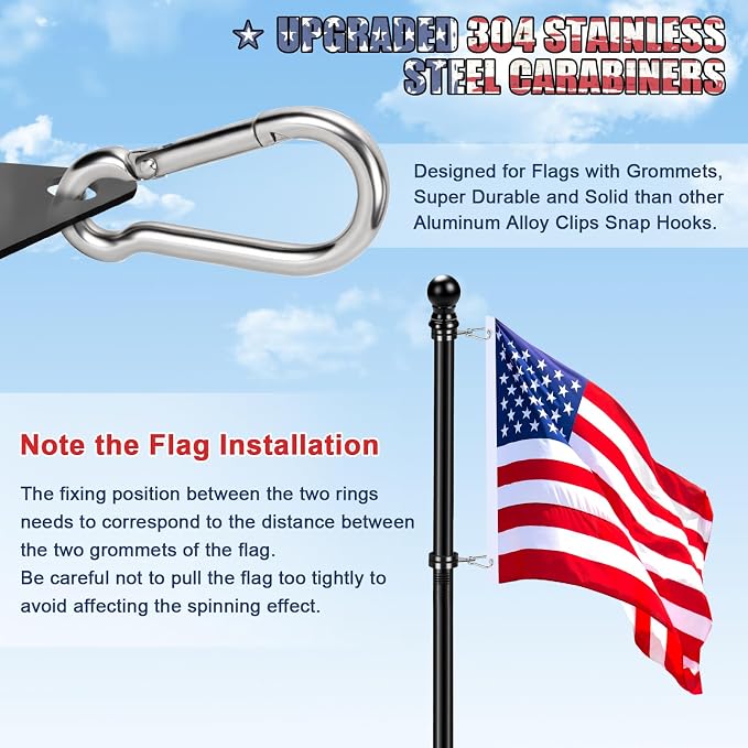 House Flag Pole, REERON 5 FT Metal Spinning Flag Poles Kit, 1" Tangle Free Stainless Steel Flagpole with 360° Flagpole Rings for Outside House Porch Residential Wall Mount for 3x5 Flag,Without Bracket