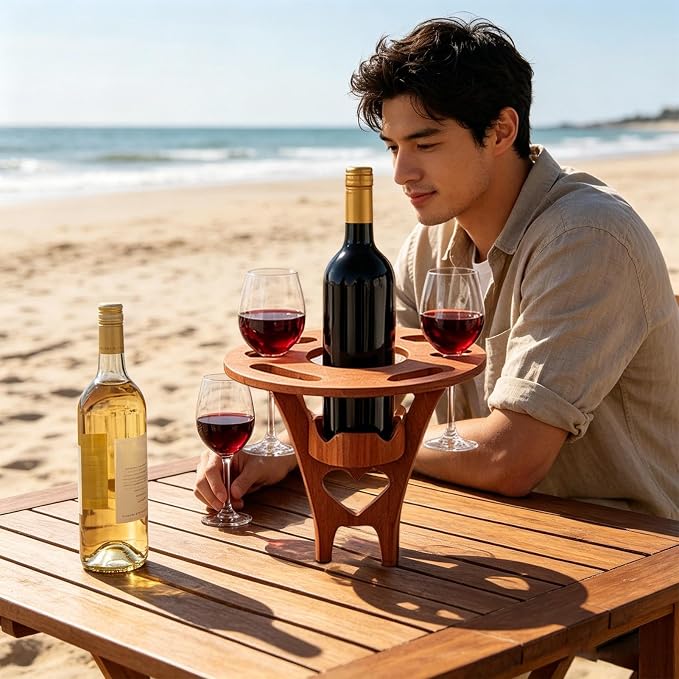 Foldable Wine Table Outdoor, Portable Mini Wooden Picnic Table Wine Glass Holder for Beach BBQ Camping Yard Lawn Party