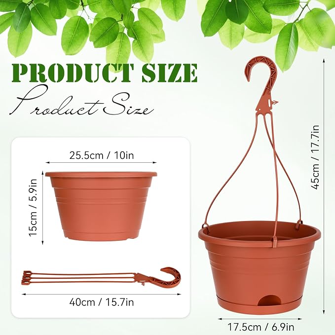 Roshtia 20 Pcs 10 Inch Hanging Baskets for Plants Large Plastic Hanging Basket Pots with Drainage Trays Self Watering Planter Pots for Outdoor Indoor Plants Flowers Garden Balcony (Brown)