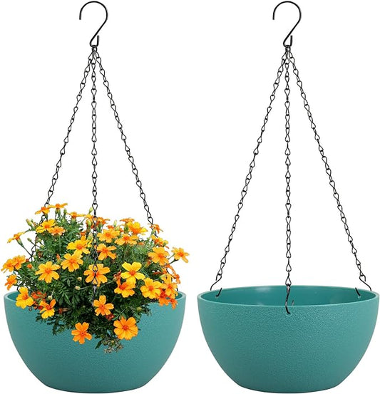 Meowell 8 inch Small Hanging Planters Plant Pots for Indoor Outdoor Plants, 2 Pack Hanging Flower Pots with Drainage Holes and Chain for Garden, Plastic Hanging Baskets for House Plants, Blue Green