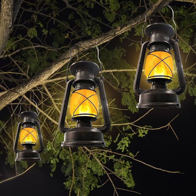 Outdoor Waterproof Solar Lanterns, 2 Pack Vintage Flickering Flame LED Hanging Lights with Auto On/Off, Rustic Solar-Powered Lamps for Patio, Garden, Yard, Deck, Pathway, and Porch Decor