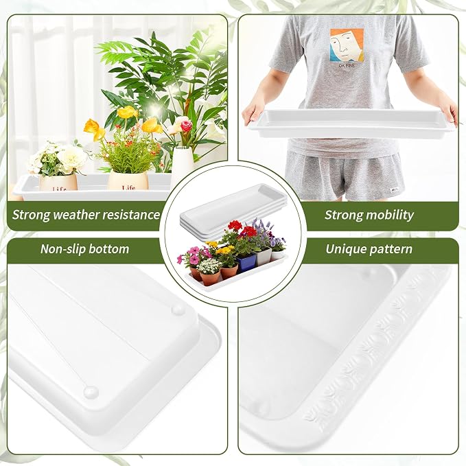 Cinnvoice 4 Pack White 24 x 8 x 1.6 Inch Rectangle Plant Saucer Large Plastic Plant Tray Water Drip Trays for Windowsill Flower Pot Planter Drainage Germination Garden Indoor Outdoor Use