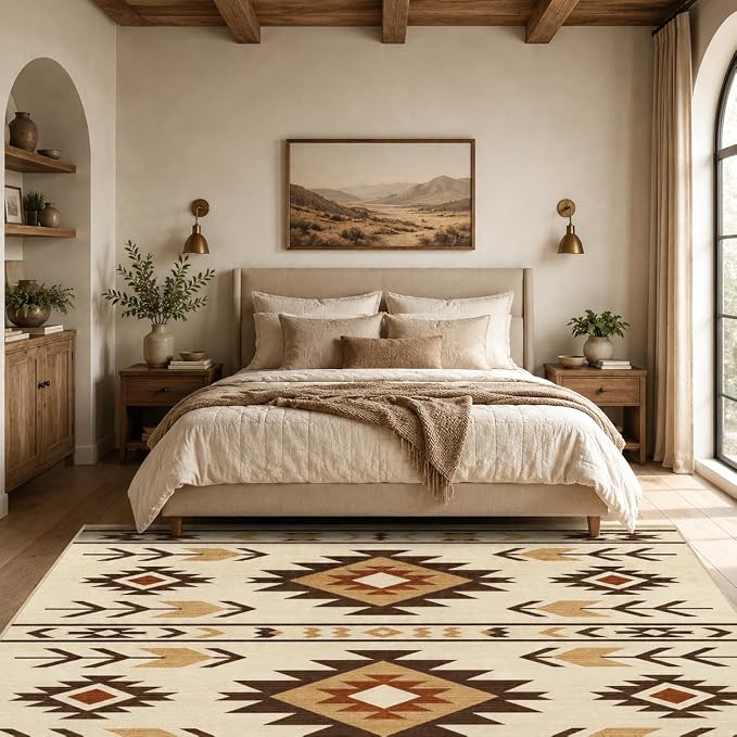 9x12 Area Rug for Living Room Western Rug Southwestern Aztec Tribal Rugs Southwest Navajo Machine Washable Non-Slip Printed Low-Pile Floor Carpet for Bedroom Dining Room Office, Camel