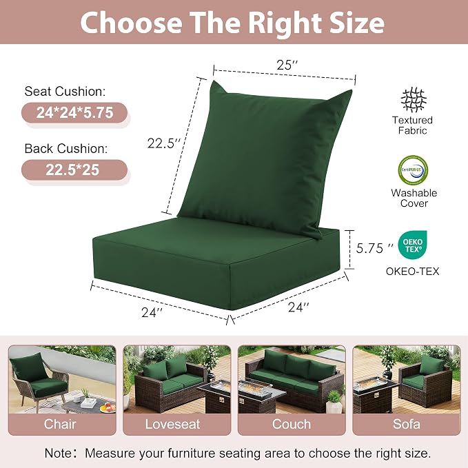 Outdoor Deep Seat Cushion Set, 24x24 Inch Water-Resistant & Fade-Resistant Outdoor Chair Cushions, Patio Furniture Cushions with Removable Cover for Patio Chair, Sofa, Forest Green (Set of 1)