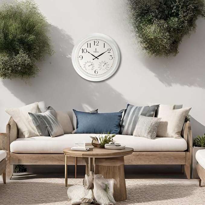 Outdoor Clocks for Patio Large Waterproof with Thermometer - White 18 inch Indoor Outdoor Wall Clock with Temperature and Humidity Combo - Weatherproof, Accurate & Easy to Read for Pool, Garden & Home
