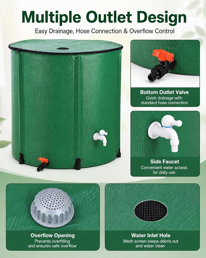 200 Gallon Collapsible Rain Barrel, Portable Rain Water Collection Barrel, Rainwater Collection System with Spigots and Overflow Kit, Rain Barrels to Collect Rainwater from Gutter