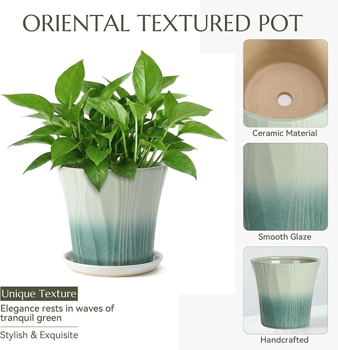 8.3 Inch Ceramic pots for Plants with Saucer Drainage Leak-Proof Mesh, Round Plant Pot with Gardening Gloves for Indoor Outdoor Plants (Rippled Green)