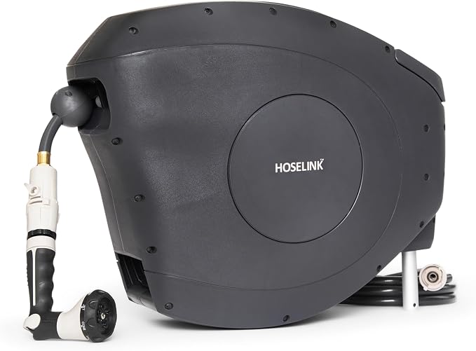 HOSELINK Classic Charcoal 50ft Hi-Flow Automatic Retractable Hi-Flow Garden Hose Reel, 9/16”, UV-Stabilized Kink-Free Hose, Wall Mounted Complete Watering Solution for Backyard, Garden & Outdoor