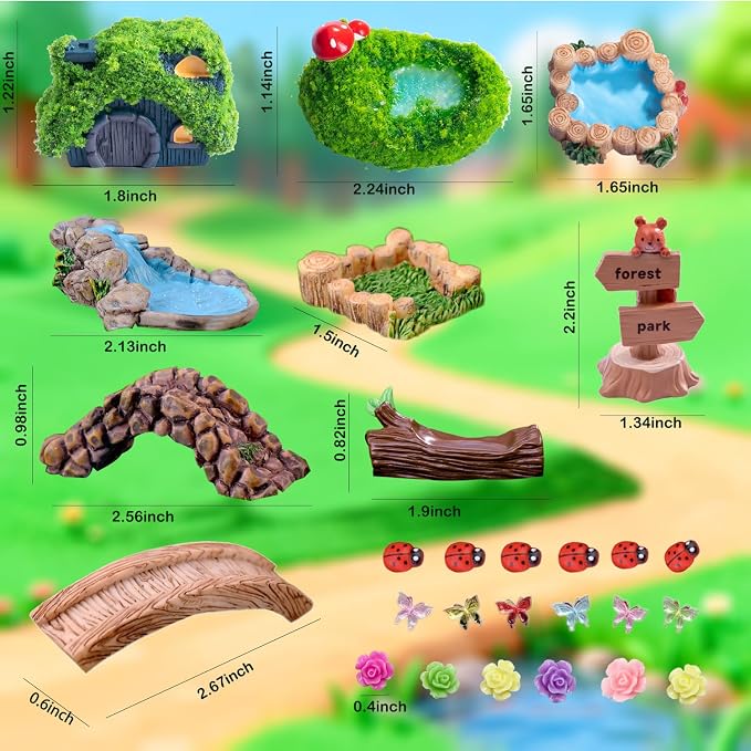 U-Zimikee 45 Pcs Resin Mini Garden Accessories - Miniature Landscape Decorations with Mini Bridge Pond Mountain House Figurines Swan Ladybug Butterfly Flower Figures Bulk for Dollhouse Garden Craft