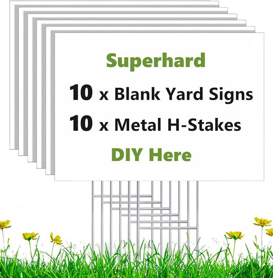 10 Pack 17 x 12 White Blank Yard Signs with Stakes, Weatherproof Corrugated Plastic Board Sign, Blank Lawn Signs for Outside Rent, Sale, DIY, Party, Event, Advertising, Garden, Guidepost Decorations