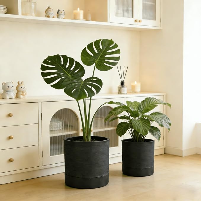 GreenShip Planter Set of 2 (GK-Black, 9.8in+7.8in) – Cylinder Planters with Drainage Hole and Planter Saucer, Jun Porcelain Clay & Recycled Resin, Decorate Home,Office & Outdoor