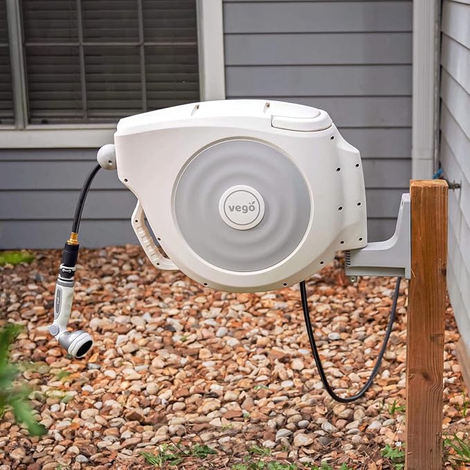 Vego Garden Hose Reel Retractable Hi-Flow Wall Mounted Hose Reel Automatic Rewind, Any Length Lock with 9 Patterns Sprayer Nozzle, Quick Connector and Adjustable shot Nozzle (Cloud White, 82ft)