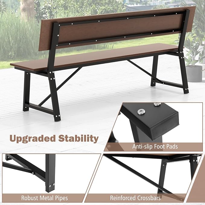 Giantex 72 Inches Outdoor Bench with Weatherproof HDPE Backrest & Seat, Heavy Duty Metal Frame, 1100 Lbs Capacity, Park Bench for 4-Person, Lawn, Porch, Deck, Patio (2, Brown)