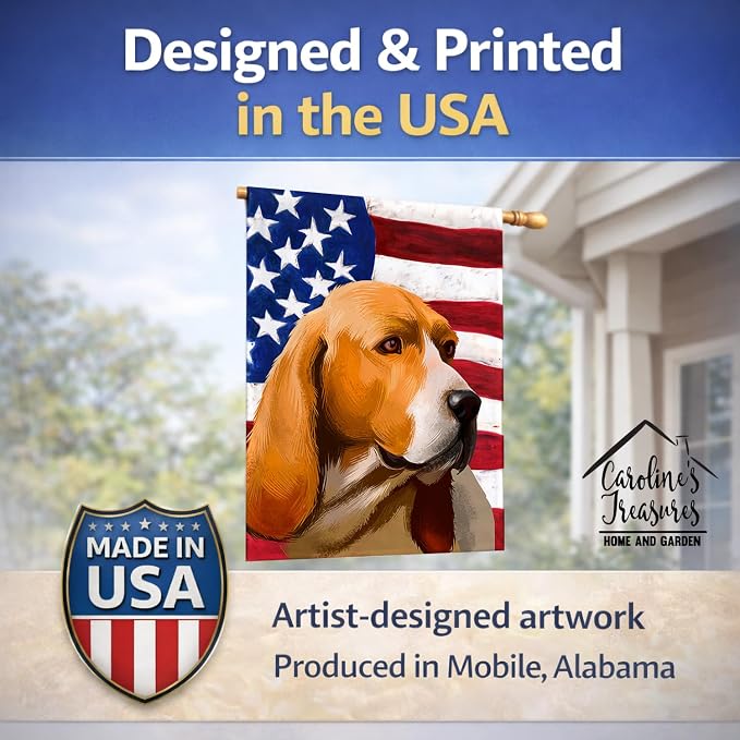 Caroline's Treasures CK6409CHF Artois Hound Dog American Flag House Flag Large Porch Sleeve Pole Decorative Outside Yard Banner Artwork Wall Hanging, Polyester, House Size, Multicolor