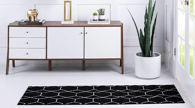 Unique Loom Trellis Frieze Collection Area Rug - Geometric (2' x 13' 1" Runner, Black/ Ivory)