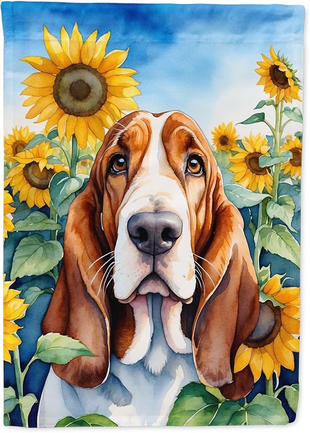 Caroline's Treasures DAC6018CHF Basset Hound in Sunflowers House Flag Large Porch Sleeve Pole Decorative Outside Yard Banner Artwork Wall Hanging, Polyester, House Size, Multicolor