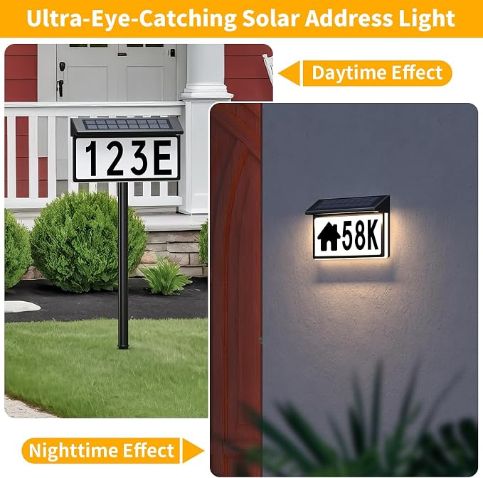 Solar Address Sign, Solar Lighted House Numbers for Outside, 3 Colors Waterproof Illuminated House Number Plaque With Stake, Wall Mounted or In Ground Solar Address Numbers for Yard Garden Street Home (Black, 1 Pack)