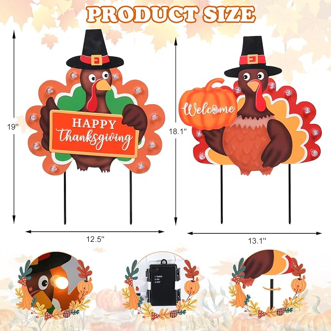 Fall Yard Decor Outdoor Autumn Harvest Garden Stakes with LED Light Autumn Two Turkeys Yard Sign with Stakes Fall Thanksgiving Decoration for Home Outside Lawn Garden Holiday Decor