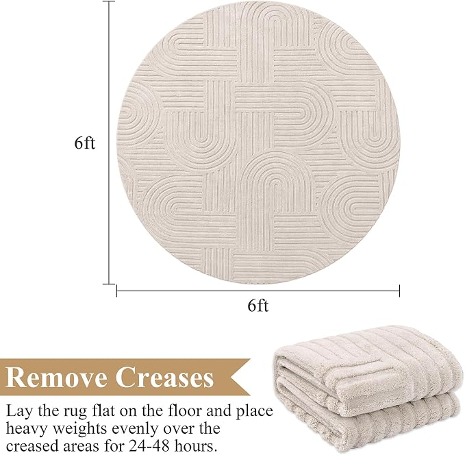 SHACOS Soft Cozy Fluffy Arch Pattern High Low Pile Round Rug 6ft Non Slip Washable Scandinavian Minimalist Area Rug Modern Geometric Carpet for Living Room Bedroom Dining Room Kitchen, Beige