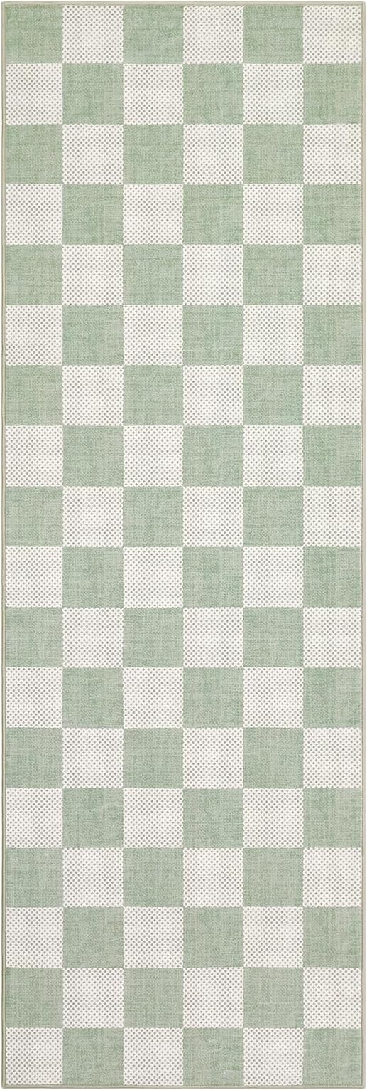 GarveeHome Checkered Sage Green 2x6 Washable Kitchen Runner Rug Entryway | Sage Green Small Area Rug for Hallway Bedroom Bathroom Low-Pile Non-Slip Stain Resistant Geometric Rugs TPE Backing