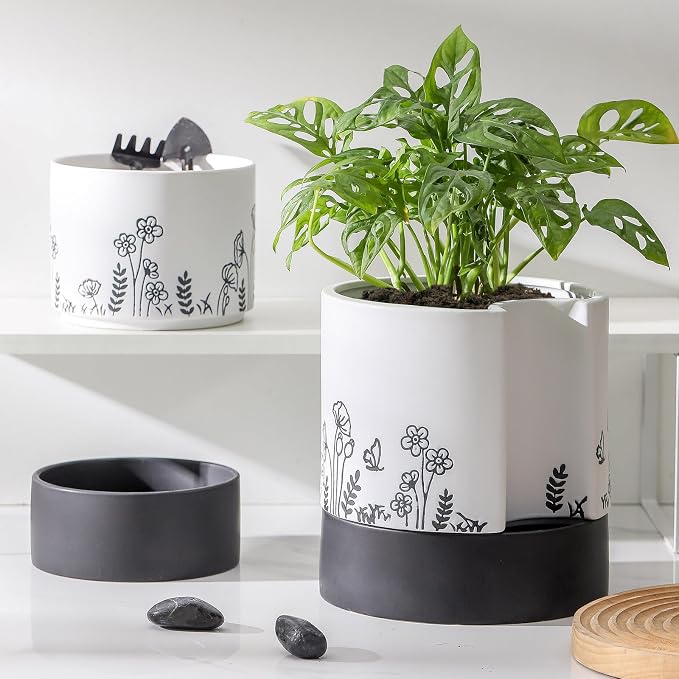 Nihow Self Watering Pots for Indoor Plants,8 Inch,White,Hand Painting | Ceramic Planter, Drainage Hole & Water Storage Plus, Cylinder Round Flower Pot, For Succulent/Herbs/Violets
