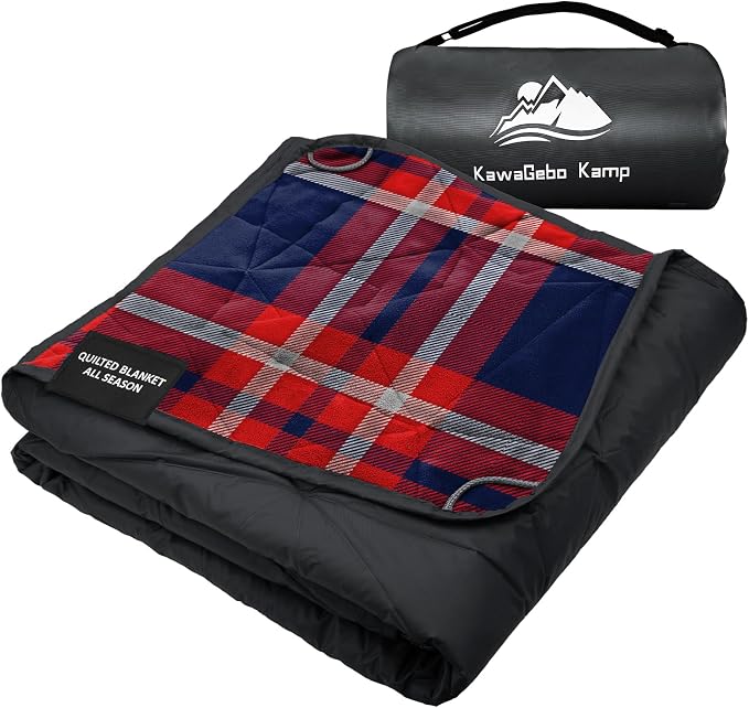 Large Waterproof Outdoor Blanket Thick Fleece 80" x 58" | Windproof Stadium Blanket, Wearable Poncho, Machine Washable for Camping, Car, Pet, Picnics - Red Check