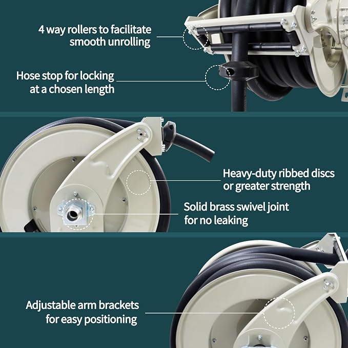 3/4"x50' Fuel Hose Reel Retractable & Fuel Nozzle & Fuel Hose Swivel,Spring Driven Diesel Hose Reel,Inlet 1" NPT Thread Swivel Oulet 3/4" NPT Thread Swivel,Heavy Duty Steel Construction Reel