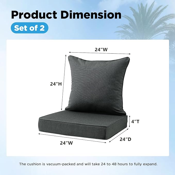Sunbrella Outdoor Deep Seat & Back Cushion Set (2-Pack), 24 x 24 Inch Water Repellent and Fade Resistant Patio Furniture with Removable Cover for Outside Sofa Couch, Canvas Coal