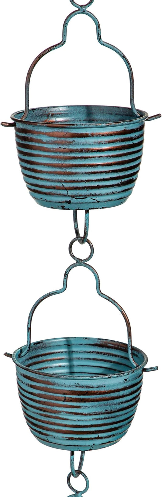 Evergreen Blue Rustic Bucket Metal Rain Chains for Gutters | 6 ft Rain Catcher Chain Replacement Downspout | Decorative Rain Chains for Outside Garden Balcony Porch