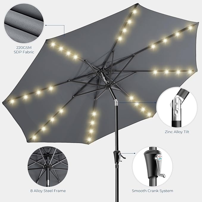 HOMSHADE 9ft Solar Patio Umbrella - Solar Lights LED Lighted Outdoor Market Table Umbrella, UPF50+ UV Protection with Push Button Tilt, Crank for Pool Deck and Garden (Dark Grey)