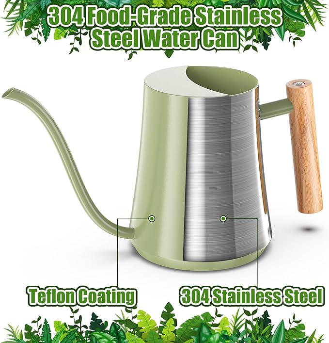 Green Moon 1L/35oz Metal Watering Can Indoor with Long Spout, Sage Green | Metal Stainless Steel Watering Can with Wood Handle for Indoor Plants, House Bonsai, Succulents, and Outdoor Garden Flowers