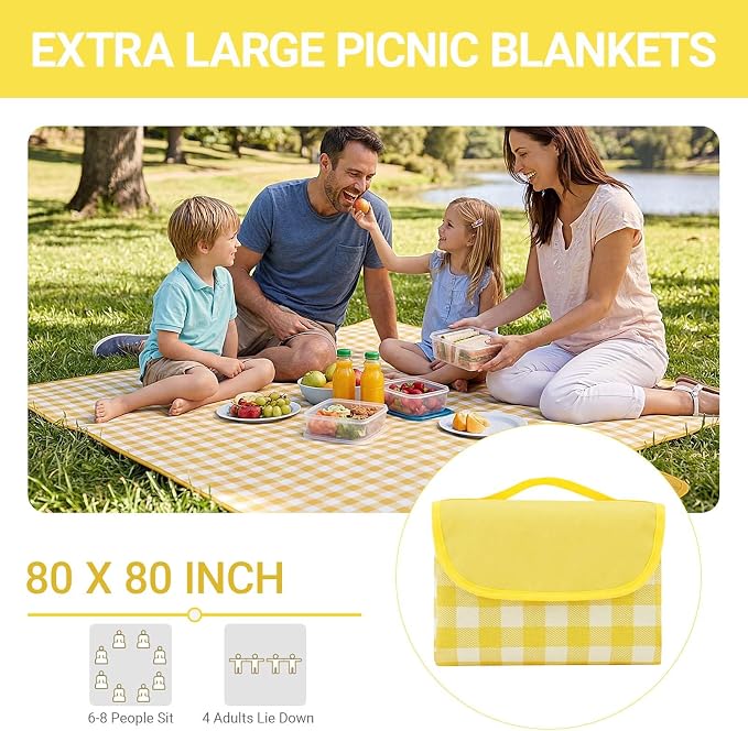 Waterproof Foldable Picnic Blanket Outdoor with Carry Strap,80"x80" Extra Large Beach Blanket Sandproof,Portable Soft Gingham Picnic Mat for Camping Travel Hiking Family Concerts Park(Yellow)
