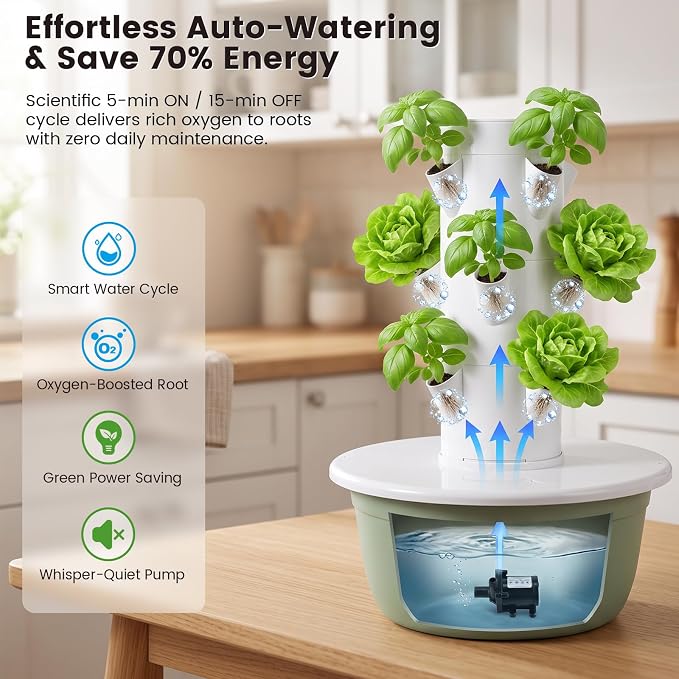 BAOSHISHAN Hydroponic Growing Tower with LED Grow Light, 7 Tiers 28 Pods | Full Spectrum Vertical Hydroponics Growing System, with 30L Water Tank, Beginner-Friendly, Ideal for Lettuce Herbs Vegetables