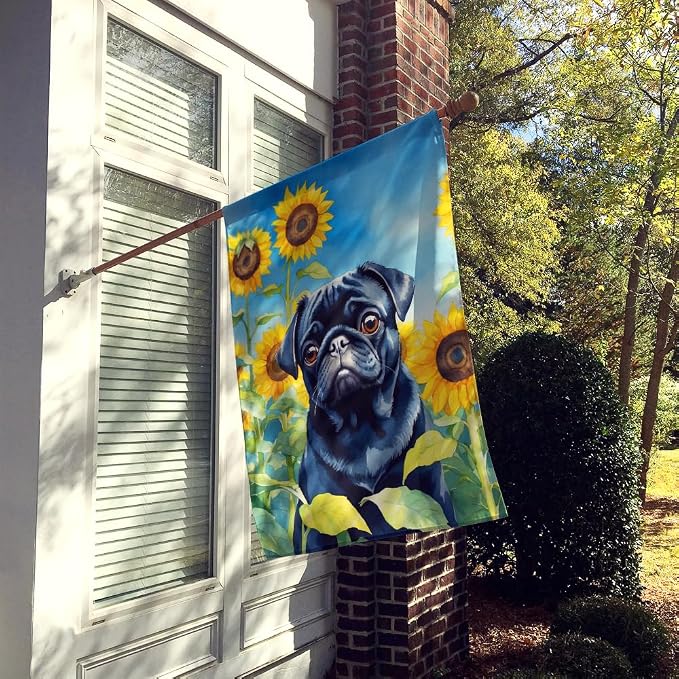 Caroline's Treasures DAC6144CHF Pug in Sunflowers House Flag Large Porch Sleeve Pole Decorative Outside Yard Banner Artwork Wall Hanging, Polyester, House Size, Multicolor