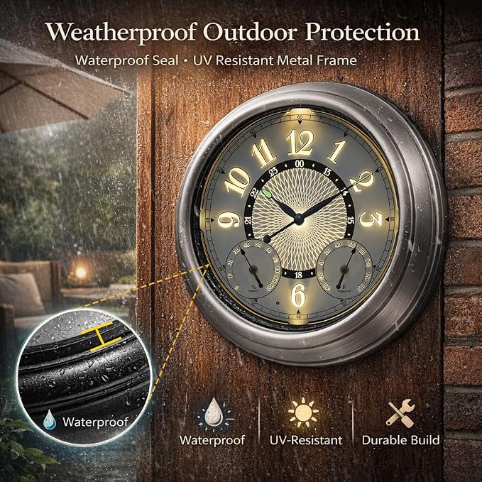 Pytha Sight Illuminated Large Metal Outdoor Clocks Waterproof 15 Inches with AI Auto Light Smart Sensor,Large Indoor Outdoor Wall Clocks with Thermometer & Hygrometer for Patio, Pool, Garden,Porch
