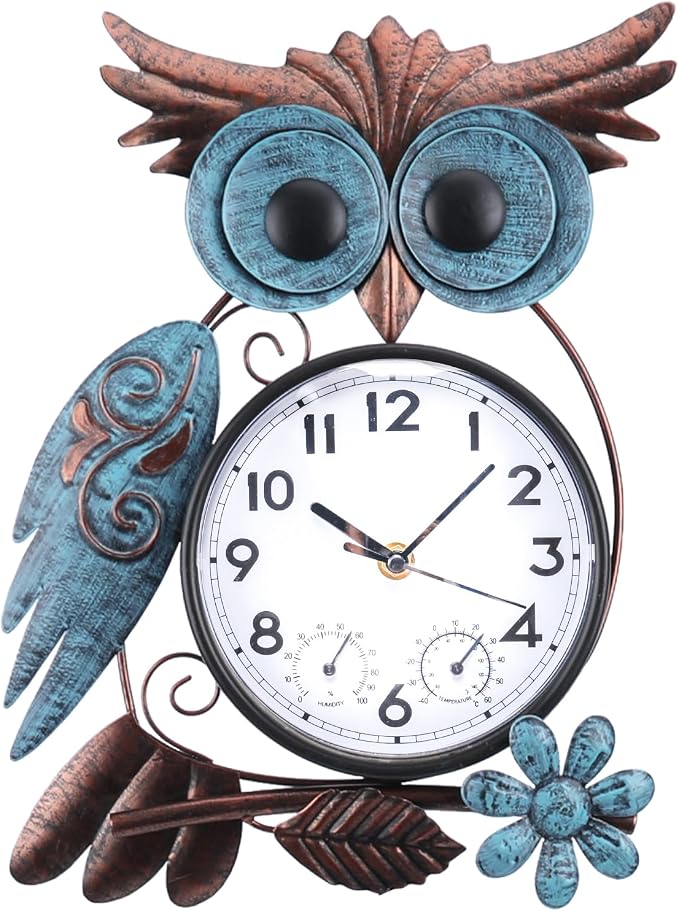 MUMTOP Owl Outdoor Clock Waterproof, 14.56 Inch Outside Wall Clock with Thermometer Combo for Patio Pool Garden Home Decor