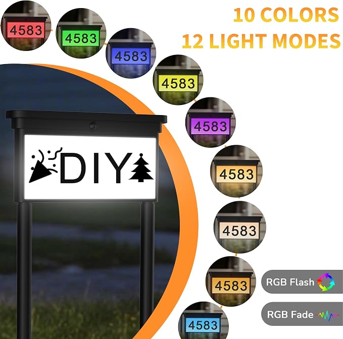 LumiZen Solar Address Sign, House Numbers for Outside Double Side, 12-Color Modes Lighting Address Plaque Outdoor Waterproof, Illuminated LED Address Numbers with Stakes for Yard Home Mailbox-2pack