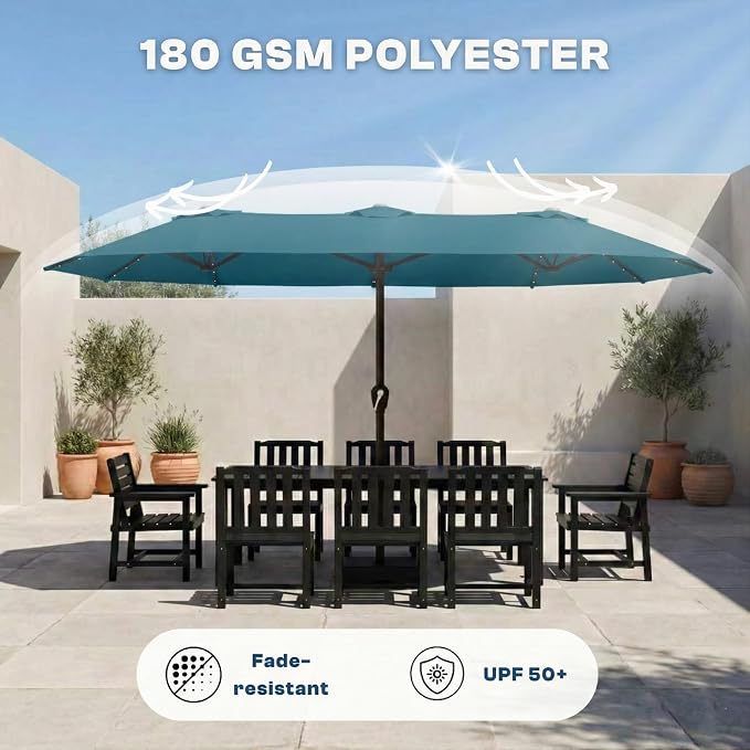 15FT Large Patio Umbrella with Base Included, Double Sided Outdoor Market Umbrella with Flexible Fiberglass Ribs, UV-Blocking Extra Large Umbrella for Garden, Pool, Deck, Lake Blue