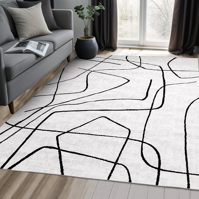 6x9 Washable Modern Abstract Black White Area Rug | Ultra-Thin Low Pile, Non-Slip TPE Backing, Soft Stain Resistant, Machine Washable, for Bedroom Livingroom High Traffic