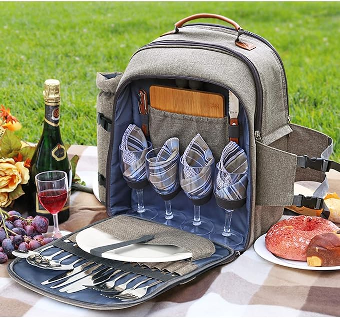 Sunflora Picnic Backpack for 4 Person Set Pack with Insulated Waterproof Pouch for Family Outdoor Camping (Brush Beige)