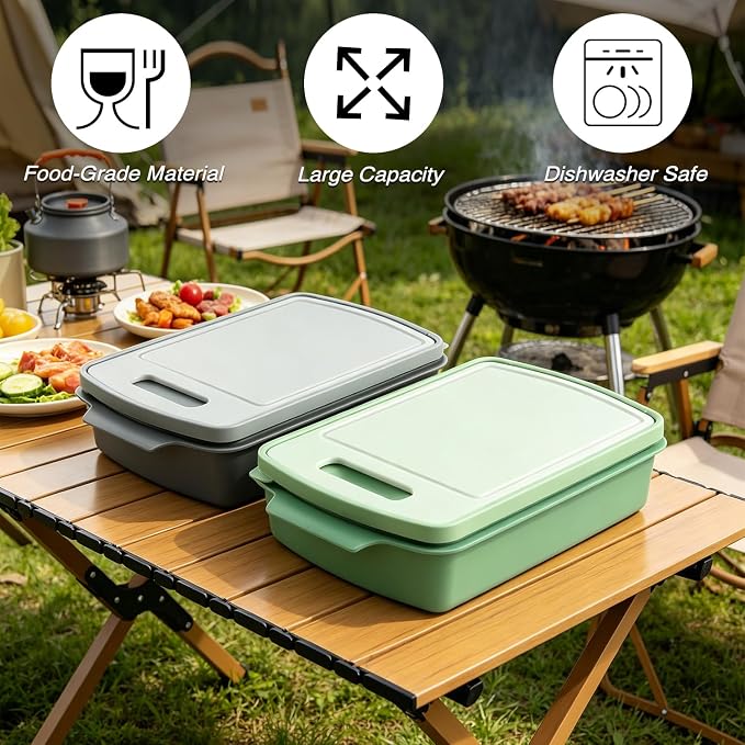 Sunmei Grill Prep and Serving Trays, 3-in-1 Stackable BBQ Food Tray, 5PCS BBQ Serving Set with Marinating Container, Serving Platter, Cutting Board and 2PCS Colored 12-Inch Grill Tongs (Green)