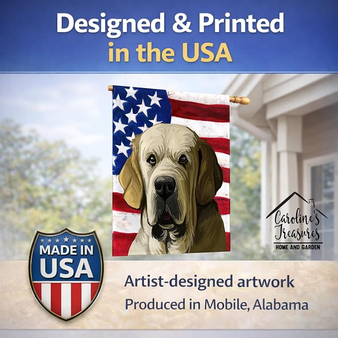 Caroline's Treasures CK6718CHF Spanish Mastiff Dog American Flag House Flag Large Porch Sleeve Pole Decorative Outside Yard Banner Artwork Wall Hanging, Polyester, House Size, Multicolor