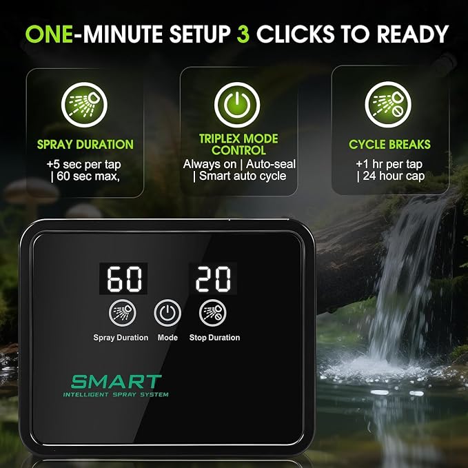 Automatic Reptile Mister Timer 360 Nozzle Terrarium Misting System (Black)
