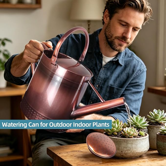 2 Gallon Meltal Garden Watering Can Removable Spout, Galvanized Steel Large Water Can with Embossed Design for Outdoor Indoor Plants (Copper, 2 Gallon)
